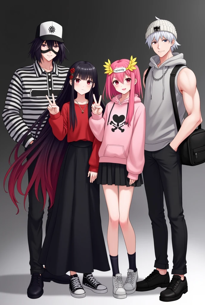 2 girls and 2 guys,they only 4 PEOPLES,they all the same height 170cm,no one is short than another and no one is tall than another.They all in game characters with black and white ish background .they smiling

one of the girl has long red and black hair, she's wearing red long sleeve shirt and black long skirt.

Another girl has pink hair with kpop's TWICE merch such as headband and pink hoodie and she has yellow flowers crown.

one of the men has a black hair and hes the only wearing face covered mask, he's also has a Japanese type of cap and its black, he's wearing long sleeve shirt with black and white striped pattern.

Another men,has a white hair,has a star binie cap and wearing sleeveless grey hoodie and carry a black bag, he's didn't wear a mask but he's wearing a silver chain around his neck,he has bicep

they all taking a group photos in formal for a profile picture side by side.they also posing for the camera.the girls did peace pose