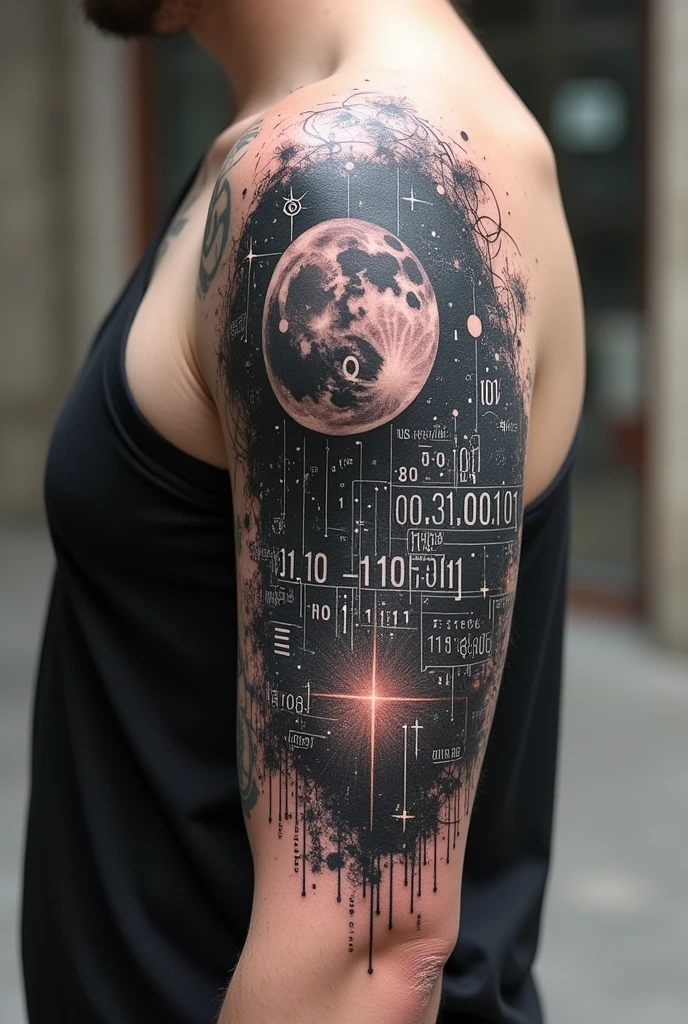 I want a tattoo design that has some systems engineering like binary codes or similar to programming that complements the space (cosmos) and that it is in a type of dragging and semi-realistic pointillism with geometry and that it is not so large in black and white