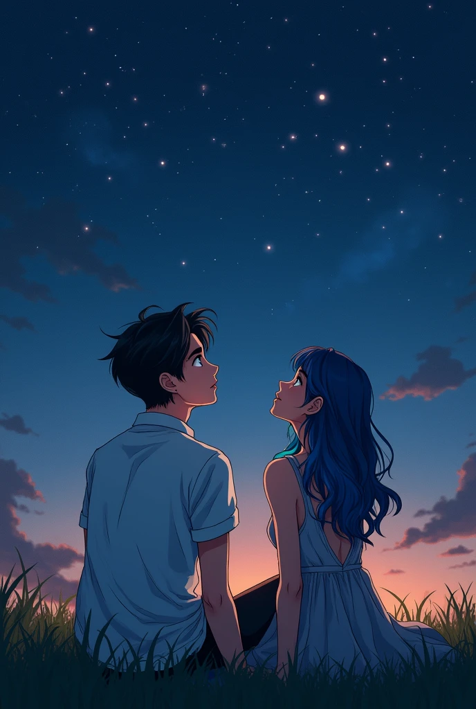 A book cover of a couple in love sitting on a lawn, the boy with black hair and blue eyes and the girl with dyed hair with blue tips, both looking at the stars,
The boy dressed in a white shirt and the girl in a grey dress 
