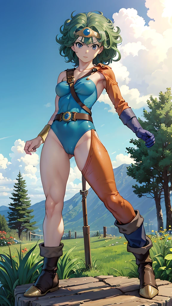 (((SFW、sound、Highest quality、Top notch work、Normal body、8k、Detailed face、Ultra-precision、Normal hand、のrefer、5refer、Highest)))、beautiful girl、Green Hair、yamato nadeshiko、((Small breasts、Shortcuts、Blue leotard、Muscular、Red Cape、Circlet))、(((Sexy pose)))、Female Heroes、 Fight、Fight準備完了、((Executed perfectly:Description of the whole body,Standing posture,Draws in great detail、There is no anatomical problem))、grassland