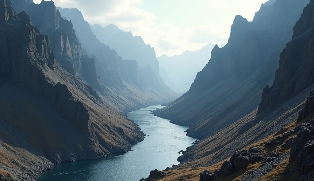 There are many deep rivers among the mountains,The mountain is bare with no plants.(best quality,4K,8k,High level,masterpiece:1.2),Ultra Detailed,(lifelike,Photo real,Photo real:1.37)