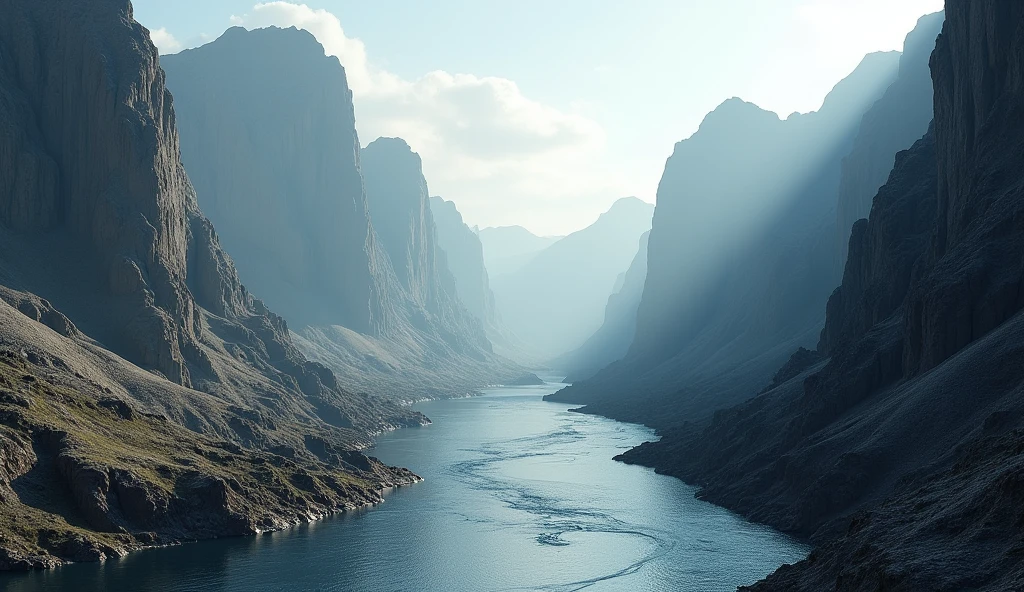 There are many deep rivers among the mountains,The mountain is bare with no plants.(best quality,4K,8k,High level,masterpiece:1.2),Ultra Detailed,(lifelike,Photo real,Photo real:1.37)