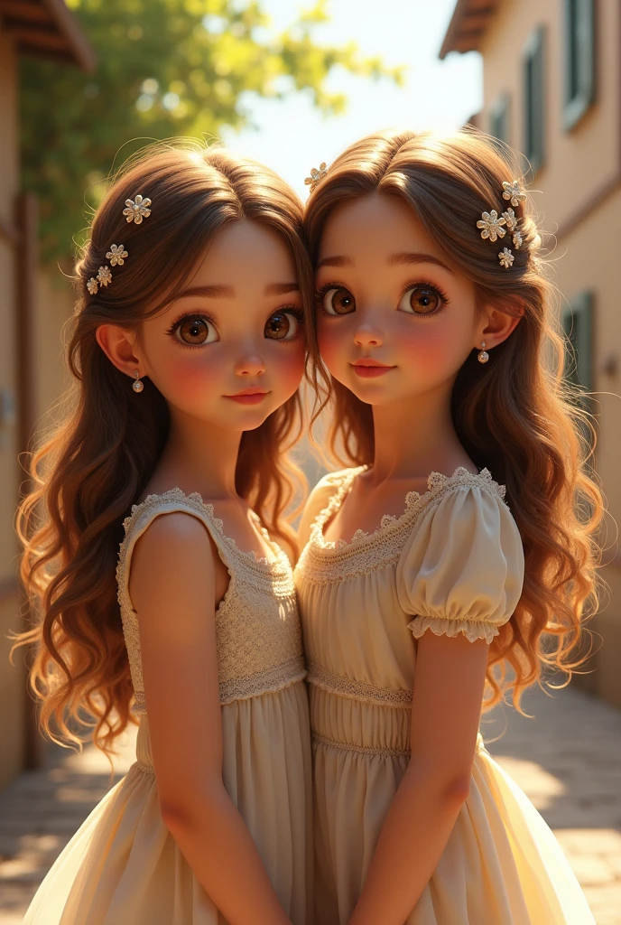 2 Italian girl with light brown hair and brown eyes with charms in her hair 
