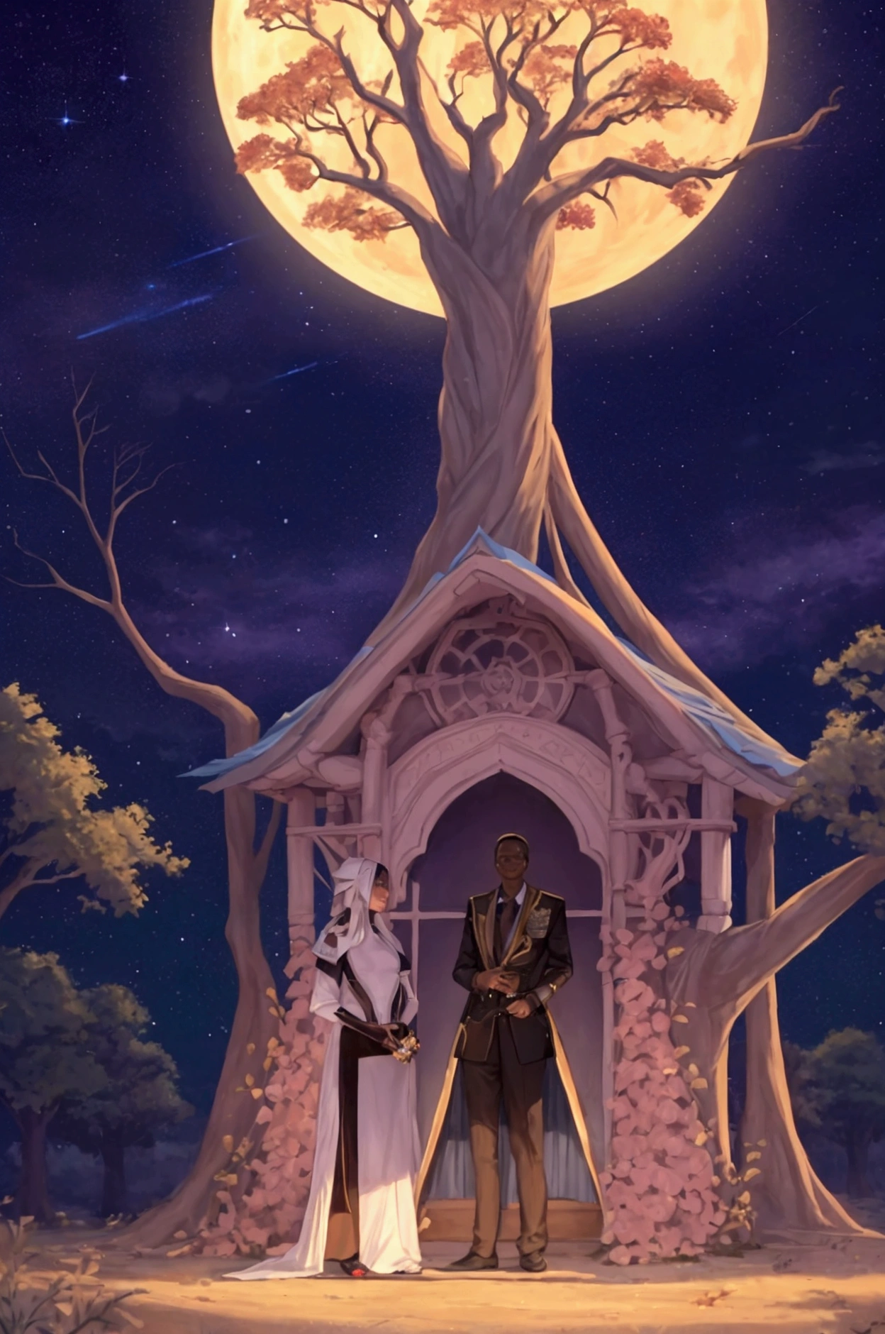 Scene 5: The Revelation

Prompt 1:
"Just before dawn in the heart of the village. The baobab tree glows intensely, its light cutting through the pre-dawn darkness. The Guardian, an ethereal figure made of shimmering light, appears once more, more vibrant and awe-inspiring than before."

Prompt 2: 
"Kofi, the bright-eyed boy, stands beside Professor Tunde, who is now humbled, his modern suit out of place. Abeni watches from behind, a mixture of skepticism and amazement on her face. The tree’s roots pulse with life, connecting the earth with the Guardian’s light, symbolizing the unity of ancient wisdom and future potential."

