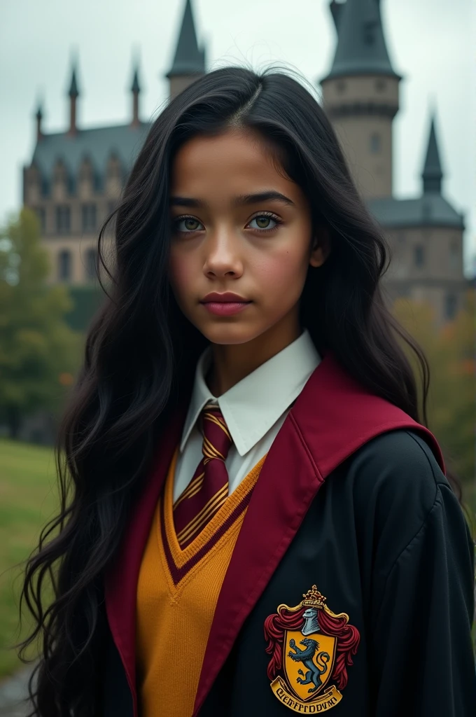 Latin Girl, greeneyes, Bblack hair, wearing gryffindor uniform 