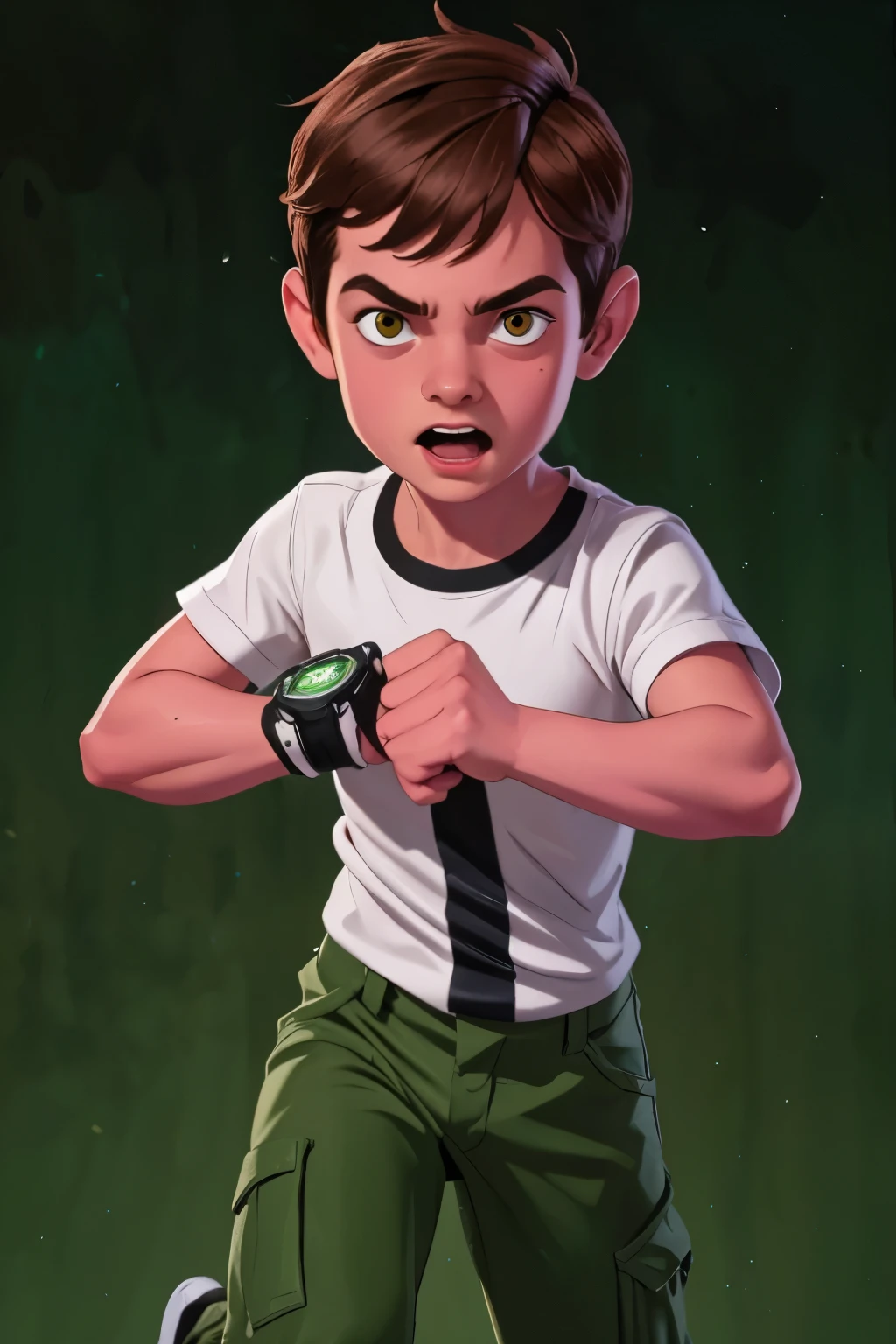 Movie poster, Ben 10 (((A child, *** ))), brown eyes, (((wearing a white outfit with black stripe in the center, green pants))) , showing fist. (Omnitrix on arm)) . (Action facial expression ) . highy detailed, face detailed, realisitic, cinematic lighting, studio quality, proffesional, face detailed, intrikate, bright coloured. ((abstract lighting background)).