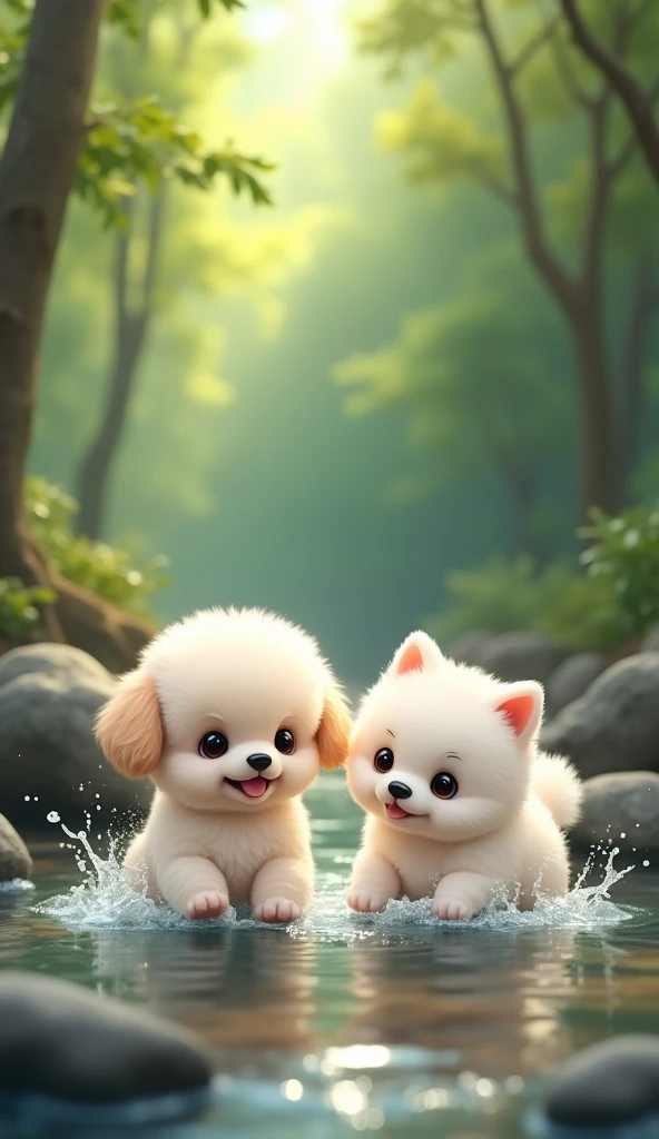 A baby white toy poodle with a round face and round ears,White baby pomeranian,Chibi,Playing in the water together,high resolution,in the forest,Playing in the river