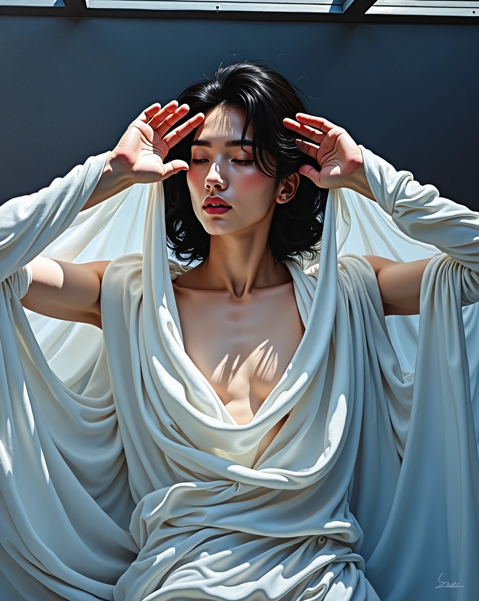 chiaroscuro technique on sensual illustration of an arafed man resting in white blanket, sexy masculine, model with attractive body, inspired by Ludovit Fulla, mid-shot of a hunky, the model draped in flowing, thick oil painting by Harumi Hironaka, extremely soft colors, vibrant, highly detailed, malcolm liepke painting, oil on canvas, high contrast, dramatic, refined, tonal, Create high contrast between light and shadow by Leon Polk Smith, memphis abstract minimal art, graphic shapes, minimal art, blue and red, minimal art style, bauhaus art, inspired by El Lissitzky, bold simple shapes, shadow