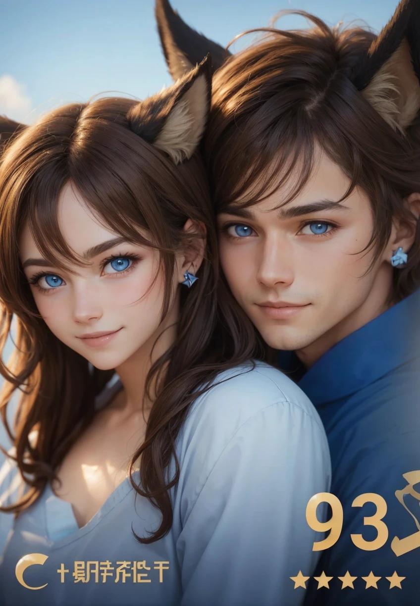 1 boyBrown Hair, Messy Hair, Animal Ears, Smile, Blue eyes, Horns, Anime,