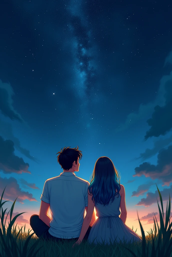 A book cover of a couple in love sitting on a lawn, the boy with black hair and blue eyes and the girl with dyed hair with blue tips, both looking at the stars,
The boy dressed in a white shirt and the girl in a grey dress 
