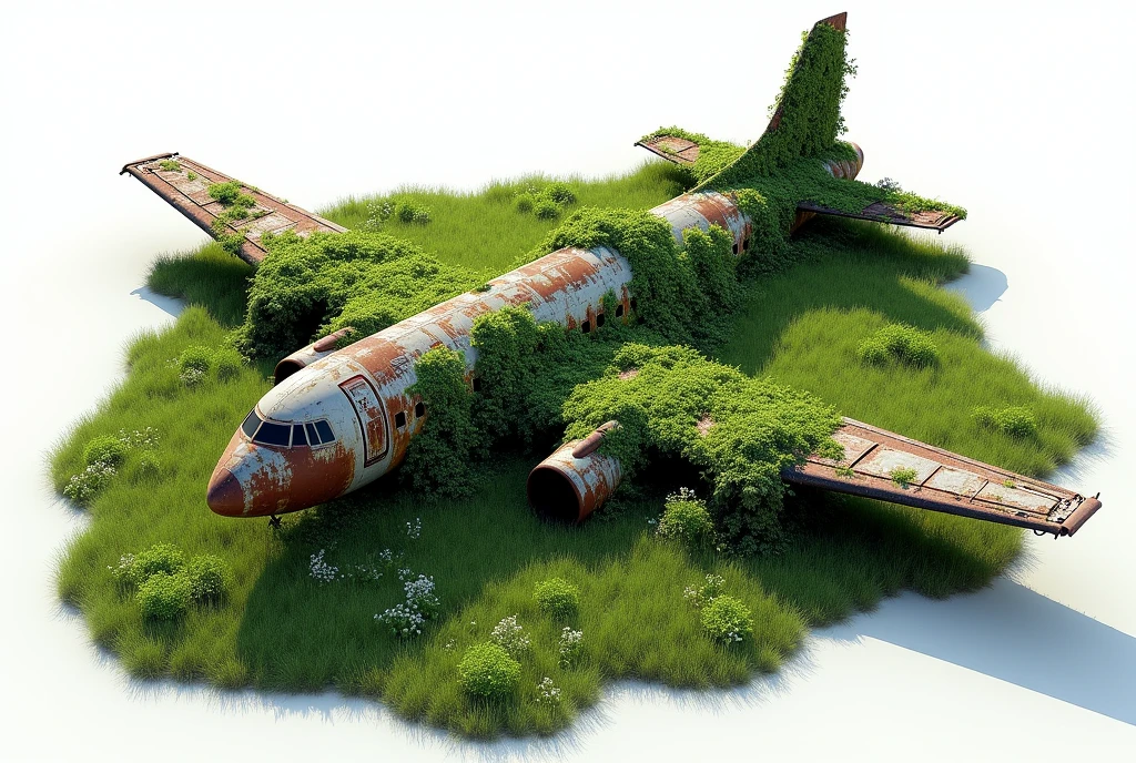 Aerial view of a rusty airplane covered in vegetation in a green field, total white background, complex and realistic details, image for reference model composition, 3D presentation thumbnail. unreal engineer Iray rendering NVIDIA RTX 3060, global lighting studio,