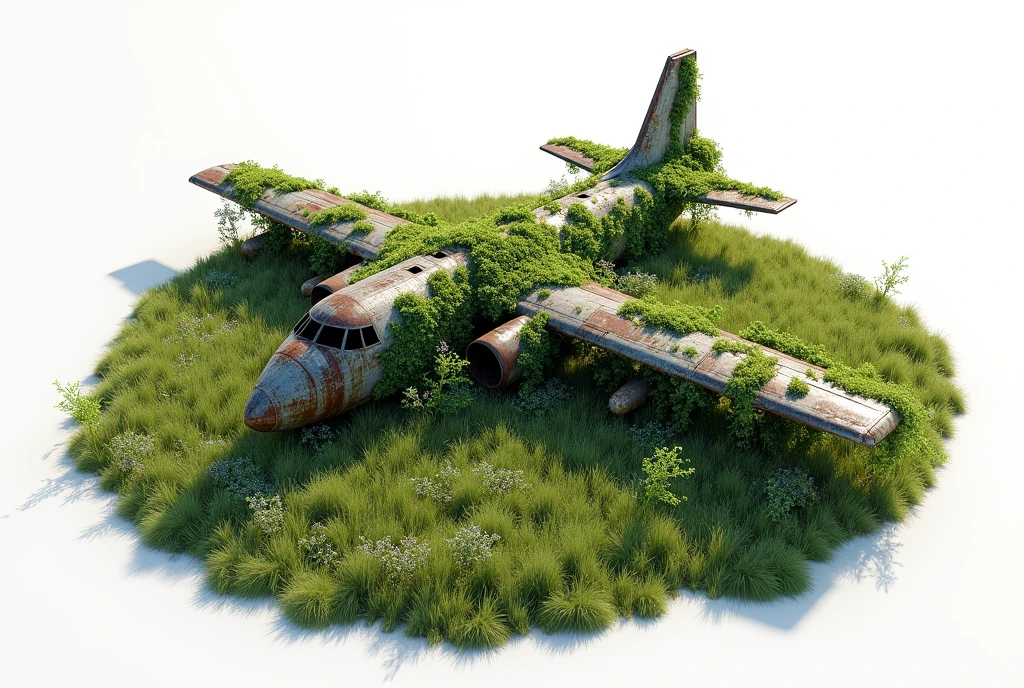 Aerial view of a rusty airplane covered in vegetation in a green field, total white background, complex and realistic details, image for reference model composition, 3D presentation thumbnail. unreal engineer Iray rendering NVIDIA RTX 3060, global lighting studio,