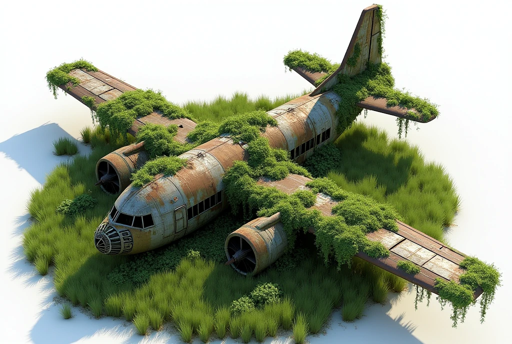 Aerial view of a rusty airplane covered in vegetation in a green field, total white background, complex and realistic details, image for reference model composition, 3D presentation thumbnail. unreal engineer Iray rendering NVIDIA RTX 3060, global lighting studio,