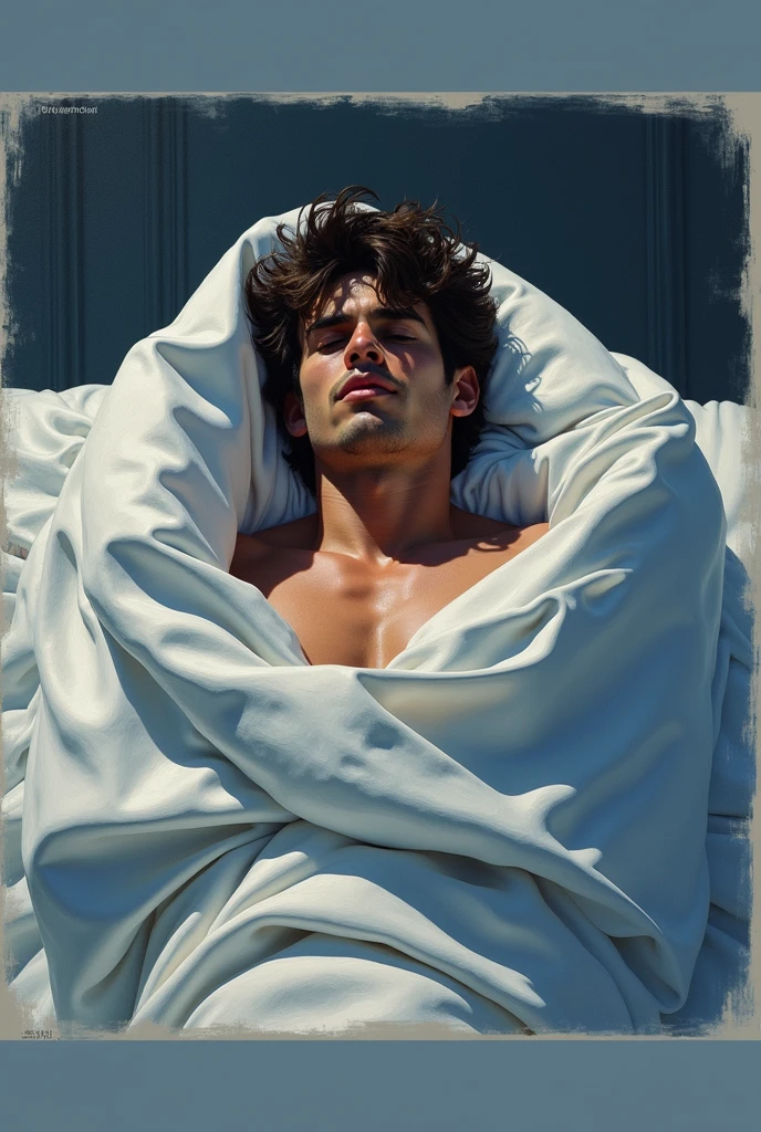 chiaroscuro technique on sensual illustration of an arafed man resting in white blanket, sexy masculine, model with attractive body, inspired by Ludovit Fulla, mid-shot of a hunky, the model draped in flowing, thick oil painting by Harumi Hironaka, extremely soft colors, vibrant, highly detailed, malcolm liepke painting, oil on canvas, high contrast, dramatic, refined, tonal, Create high contrast between light and shadow by Leon Polk Smith, memphis abstract minimal art, graphic shapes, minimal art, blue and red, minimal art style, bauhaus art, inspired by El Lissitzky, bold simple shapes, shadow