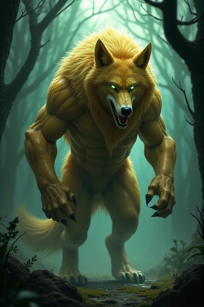 Create a werewolf with golden fur and light green eyes 