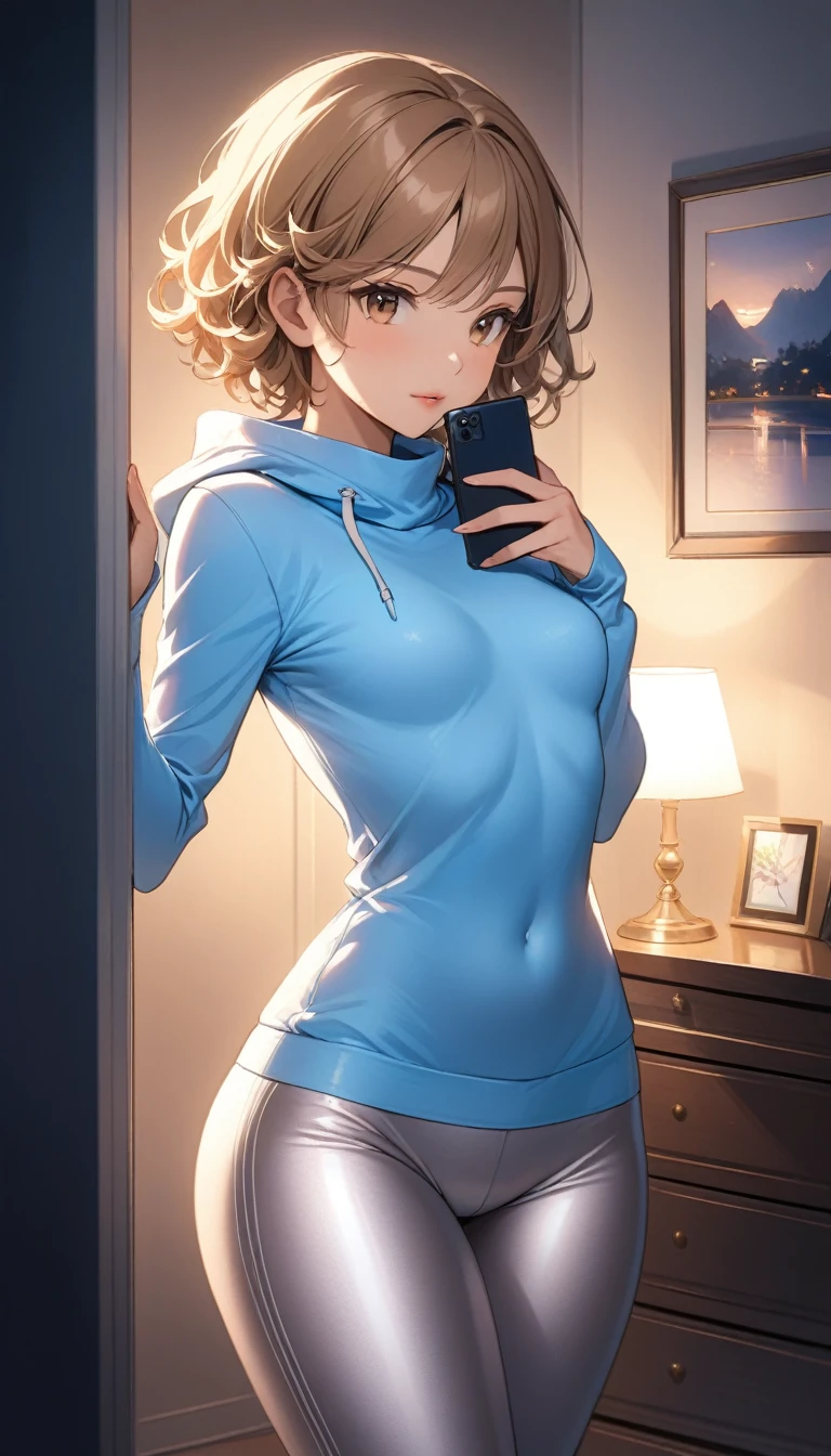 Beautiful 47y young woman with short undercut curly dark blonde hair, tied up hair, with brown eyes wearing ((Tight Silver Low-Rise Leggings), ((Sexy Mock Neck Mid Sleeves Light Blue Shirt With Hood Down)), standing in her bedroom at night, holding her cellphone, (mid-tanned skin), (light brown lipstick), (elegant mascara), (slim body), (small breasts), (wide hips), midjourney, <lora:GoodHands-, <lora:GoodLegs-, UHD, high resolution, (expressive eyes, perfect face, full body, expressive face, perfect body, perfect pussy, athletic, fit, slim body, blushing, Perfect makeup, eyeliner, beautiful eyelashes, smiling, horny face), ((best illumination, best shadows)), ((sexy pose)), score_9_up, score_8_up, score_7_up