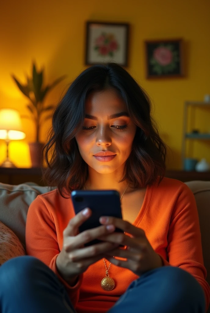 A 3 Salvadoran Latin American woman in the living room of her yellow house, hex code ffbe00, looking at her cell phone