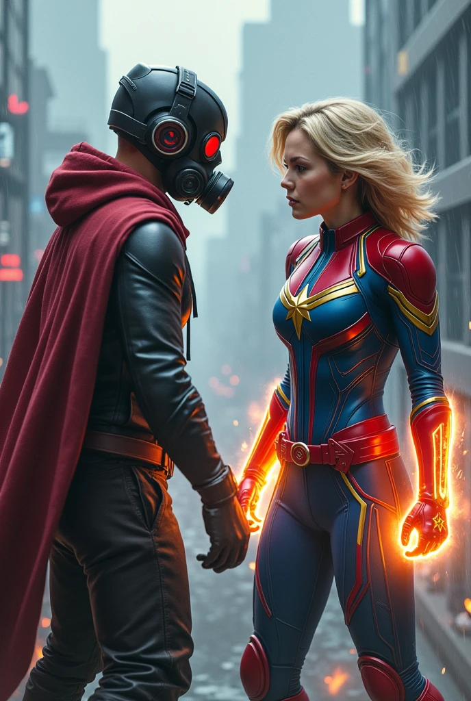 Young Star-lord with red hoodie, headphones, star-lord helmet, gas helmet, covered mouth, round red eyes, Red eyes, magic rings in the hands and rocket boots, Vs. Capitana marvel, Vs. Big Snake, Fighting, power, fiction, full body, 3 person, magic lasso, hight, fall, fire in boots, poweful spells, realistic, helmet, mask, red cape, confrontation, punch, gun, flying in the sky, view of the city from above, rain, Black gloves, ocean floor, face cover, free hair, front cover