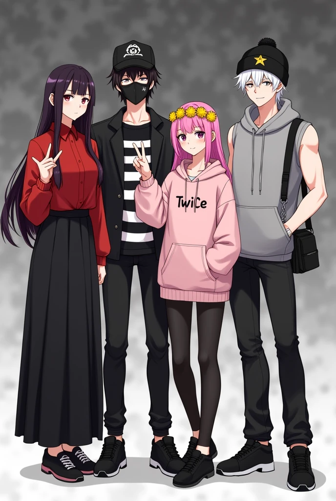 2 girls and 2 guys,they only 4 PEOPLES,they all the same height 170cm,no one is short than another and no one is tall than another.They all in game characters with black and white ish background .they smiling
one of the girl has long red and black hair, she's wearing red long sleeve shirt and black long skirt.
Another girl has pink hair with kpop's TWICE merch such as headband and pink hoodie and she has yellow flowers crown.
one of the men has a black hair and hes the only wearing face covered mask, he's also has a Japanese type of cap and its black, he's wearing long sleeve shirt with black and white striped pattern.
Another men,has a white hair,has a star binie cap and wearing sleeveless grey hoodie and carry a black bag, he's didn't wear a mask but he's wearing a silver chain around his neck,he has bicep
they all taking a group photos in formal for a profile picture side by side.they also posing for the camera.the girls did peace pose