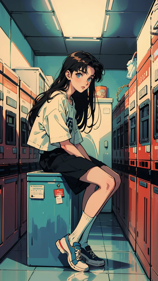 super high quality, 80s anime style, pretty girl,Shoulder Bare、valley、Black Hair、Long Hair, Coin laundry, Sitting, View your viewers, Coin laundryで一人, LOFI