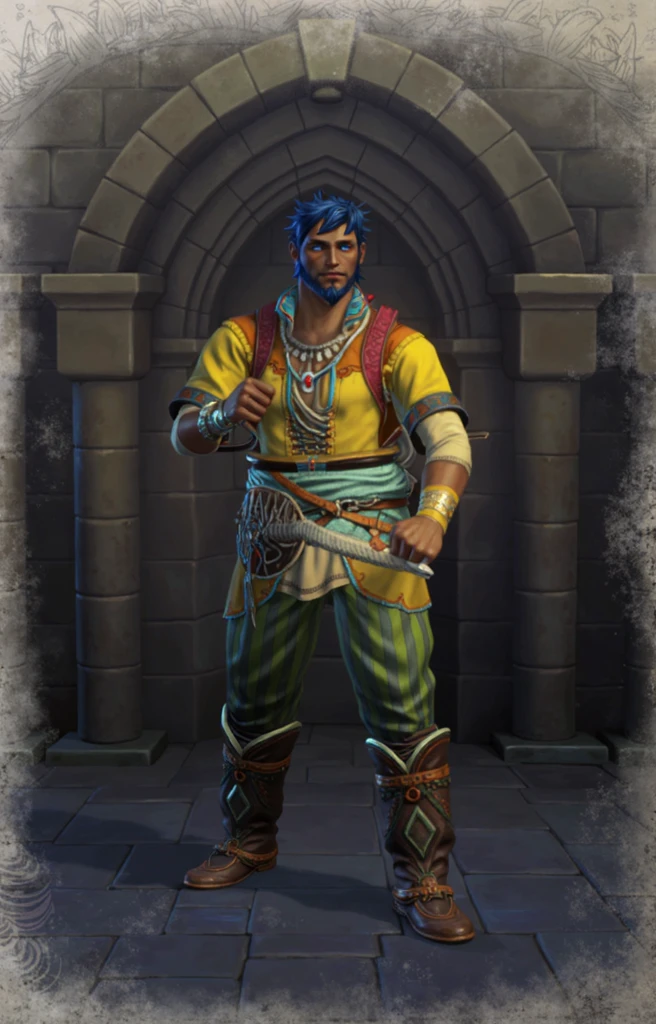 aasimar bard with spiky blue hair and beard, he wears very colorful clothing
