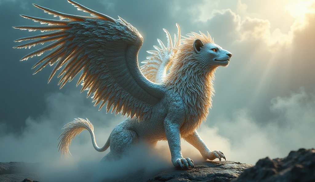 an epic griffin made from liquid metal