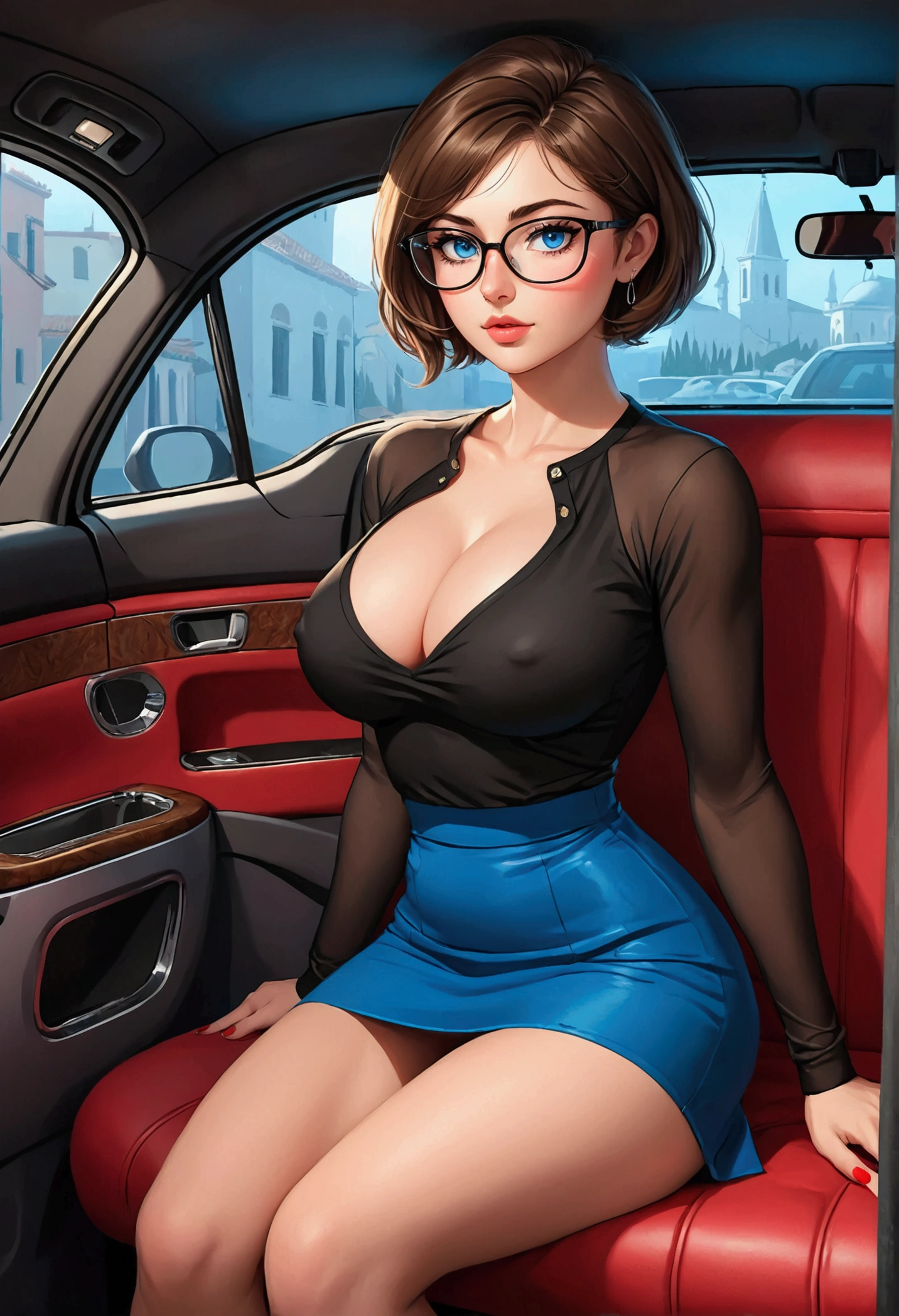20 years old woman, Short brown hair, Mediterranean with blue eyes, Generous and heavy breasts, slender waist, definition of l'estomac, fesses rebondies et pulpeuses, naturally curved, muscular thighs, aguicheuse , blue eye, lunettes, sitting in a limo, red mini Skirt, black transparent blouse, at night , heels