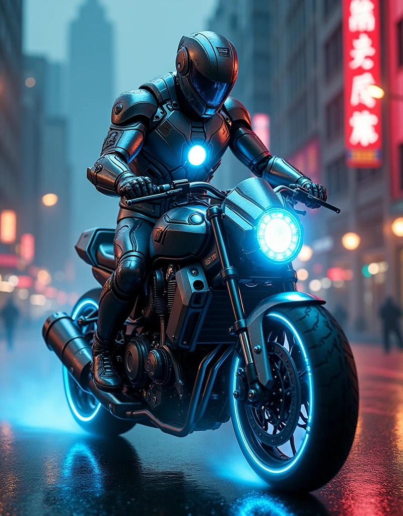 A bike iron man Armor full body bike mask iron man helmet futuristic cyberpunk neon lights flame energy