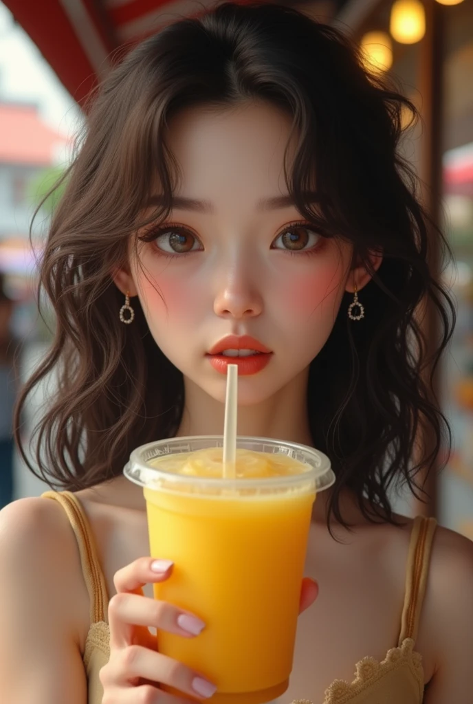 high resolution, masterpiece : 1,2), (realistic : 1,37), (best quality, high resolution, ultra-detailed girl, realistic) Fille aux yeux marrons verts (noisettes) and very dark brown, wavy, almost curly hair with mixed-race skin. Elle tient dans sa main un bubble tea jaune. On voit derrière elle des magasins mais il sont floutes. Sa peau est métis, elle habite en France elle n'est pas chinoise. Elle ne sourit pas mais est très belle. She has almost curly hair. 