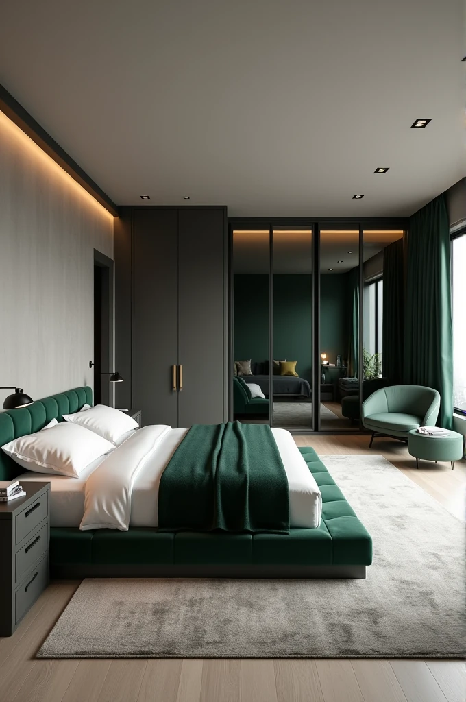 To create a luxurious, modern, and high-tech bedroom with elegant masculine touches and incorporating the specific shade of green you provided, here's a detailed concept you can use for generating your image:

---

**Room Description:**

The bedroom is a spacious and sophisticated retreat, blending modern minimalism with high-tech features and luxurious materials. The walls are painted in a soft, muted grey, creating a calm backdrop that complements the deep green accents used throughout the room. 

**Furniture & Layout:**

- **Bed:** A large platform bed with a low-profile design, featuring a built-in headboard that spans the width of the room. The headboard is upholstered in a rich, dark green velvet, adding texture and depth to the space. The bed is dressed in high-thread-count white sheets with a dark green cashmere throw draped at the foot.

- **Nightstands:** Sleek, dark wood nightstands on either side of the bed, each with a built-in charging station and storage drawers. The hardware is brushed brass, adding a touch of warmth and luxury.

- **Wardrobe:** A built-in wardrobe with sliding glass doors, framed in matte black, featuring integrated LED lighting that illuminates the interior when opened. 

- **Accent Chair:** A curved accent chair upholstered in a complementary dark green leather, placed in a cozy reading nook by the window, with a minimalist black floor lamp that has a dimmable smart bulb.

**Technology Integration:**

- **Smart Lighting:** The room features a smart lighting system with adjustable color temperatures, allowing you to switch from bright, cool light in the morning to a warm, soft glow in the evening. Recessed ceiling lights and hidden LED strips along the headboard and under the bed provide ambient lighting.

- **Entertainment System:** A wall-mounted, ultra-thin OLED TV opposite the bed, integrated with a surround sound system, creating a cinematic experience. All technology is controlled via a central smart home hub.

**Decor & Fini