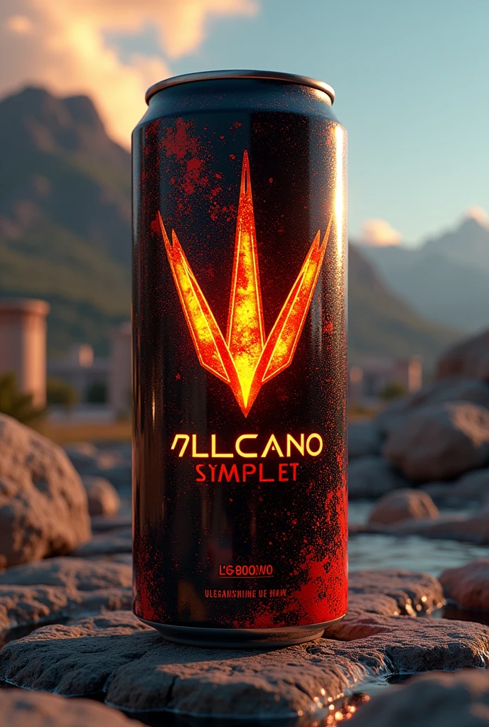 Vulcano brand energy drink in black can,red,yellow,corinth with slogan energy drink Holographic