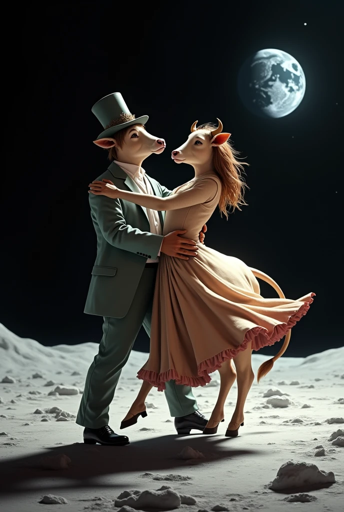 cow, detailed skin, elegant hat on his head, Dancing tango on the moon