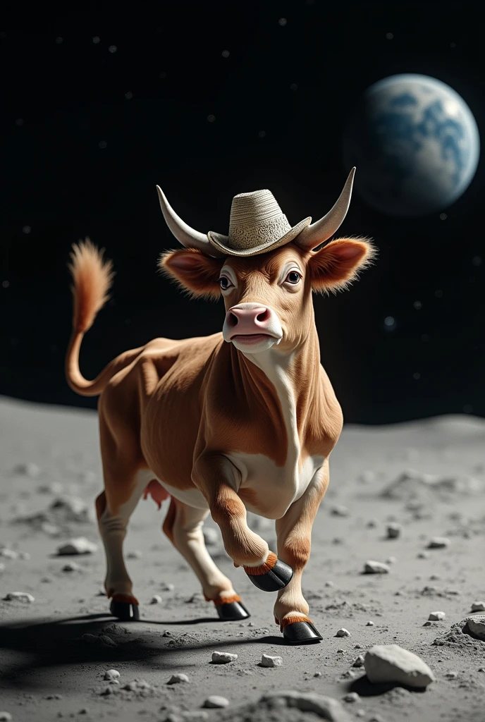 cow, detailed skin, elegant hat on his head, Dancing tango on the moon
