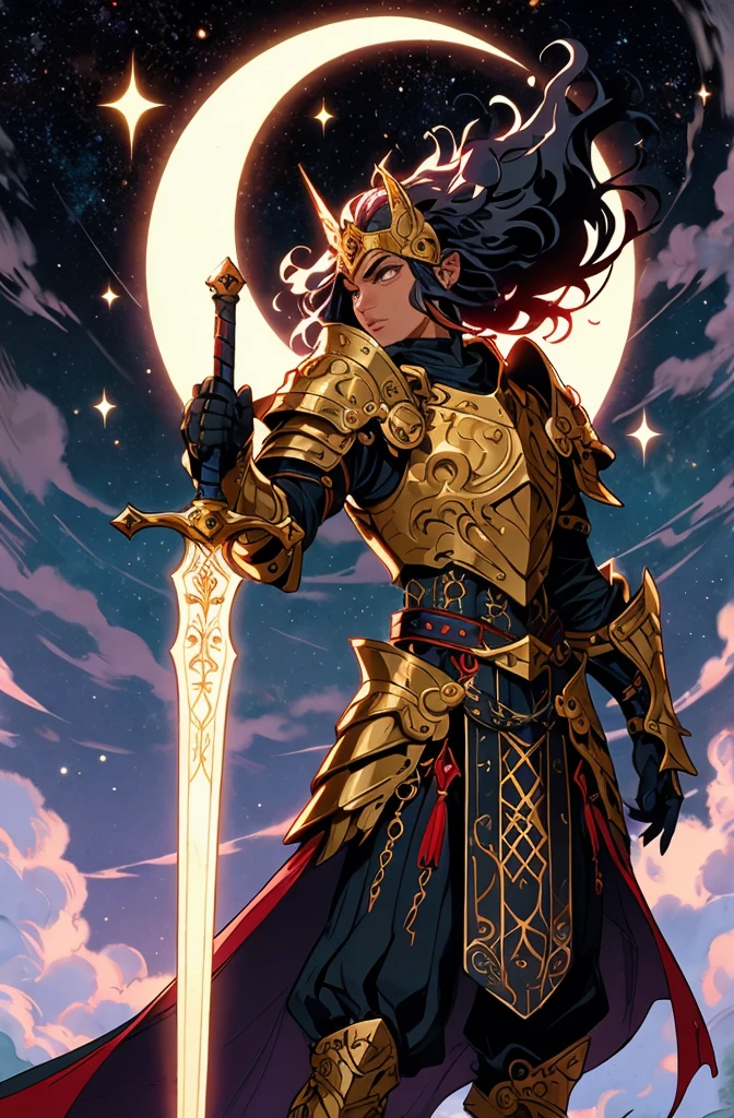 A Zen-Aku style armored knight with hints of dark-golden trimming, stands confidently in the center of a mystical astronomic background with the crescent moon rising, holding it's dark crescent sword like blade, reminiscent of a celestial map and constellations, with thunderous swirling clouds of iridescent red and black. The swordsman's hair is a radiant, snow-white color, styled in a flowing, windswept manner, flowing off his Wolf like designed helmet with a few loose strands, featuring piercing yellow eyes and a resolute expression. The figure is framed by an ornate, dark gold-edged tarot card border, adorned with subtle, cosmic patterns and symbols, with delicate, curling tendrils extending outwards, as if the border itself is coming alive. The overall atmosphere is one of mysticism and ancient wisdom and fiercelessness, with the warrior embodying a sense of powerful, otherworldly dark energy.