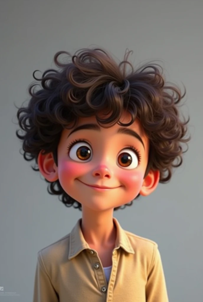 White boy with curly Disney Pixar style hair, high quality best quality grey background