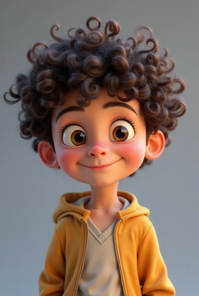 White boy with curly Disney Pixar style hair, high quality best quality grey background
