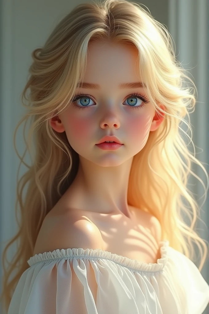 a blonde girl,with blue eyes,with white dress