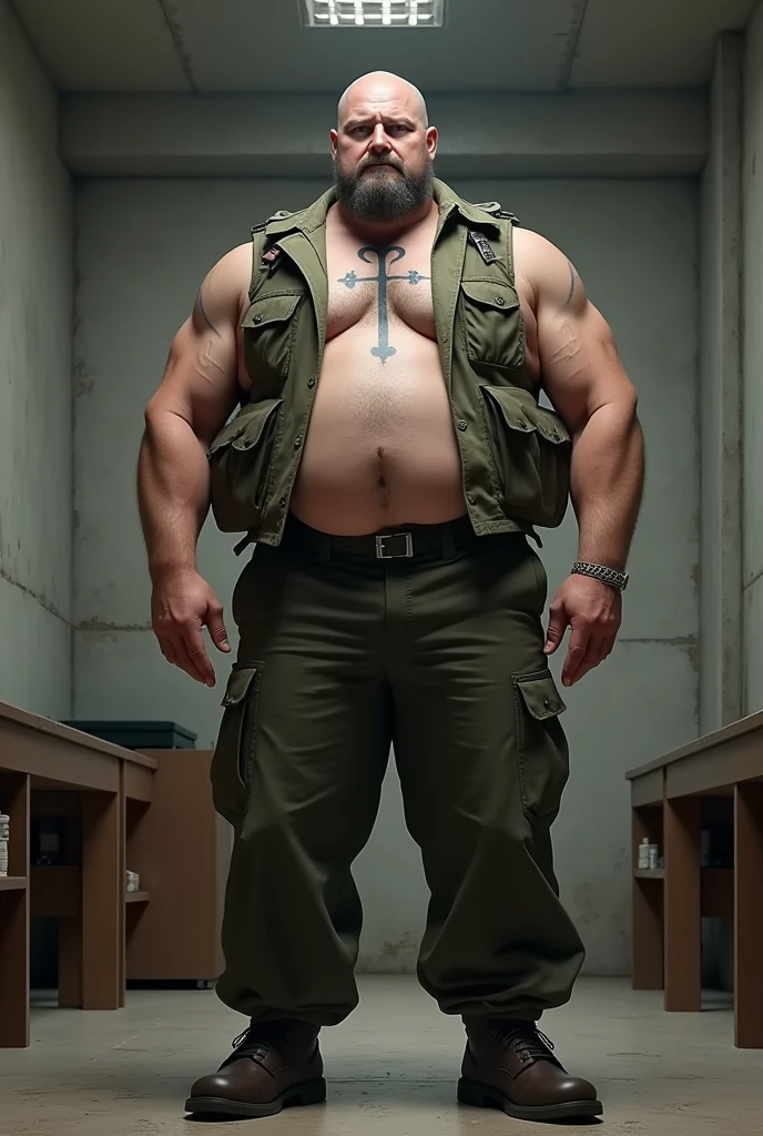 ultra realistic 8k, a 2 white man of Russian descent, ultra-reslist army major, Does not have a beard. Muscular and corpulent physique of 2,30 meters high(Realist 8K). He wears Brazilian army pants and a heavy vest.(detailed 8k) wearing no shirt .he is in a barracks. He has a tattoo on his torso of a cross in the shape of a sword.(detalhada e ultra Realist 8K)