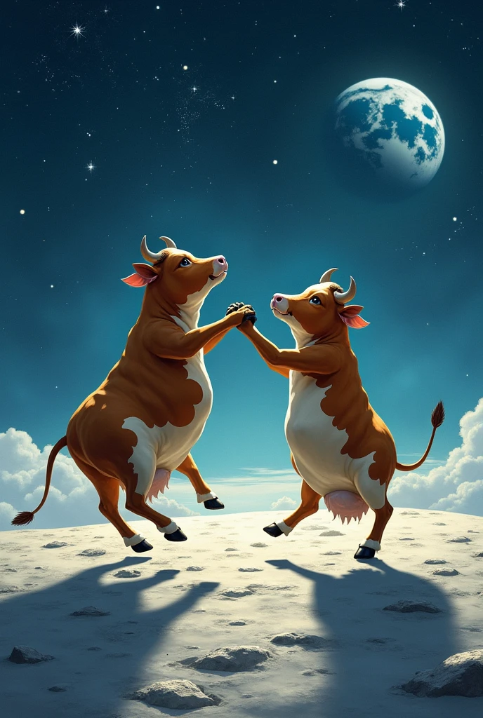 Imagine a surreal scene on the moon where cows in tango outfits are passionately dancing under a starry sky. The cows, in pairs, are performing an elegant tango dance with smooth, flowing movements. The low gravity of the moon is making their dance steps appear unique and floating. The lunar surface is illuminated by the light of Earth on the horizon, with the blue planet visible in the background. The atmosphere is magical and dreamlike, with a humorous touch as these cows take on the art of tango in space
