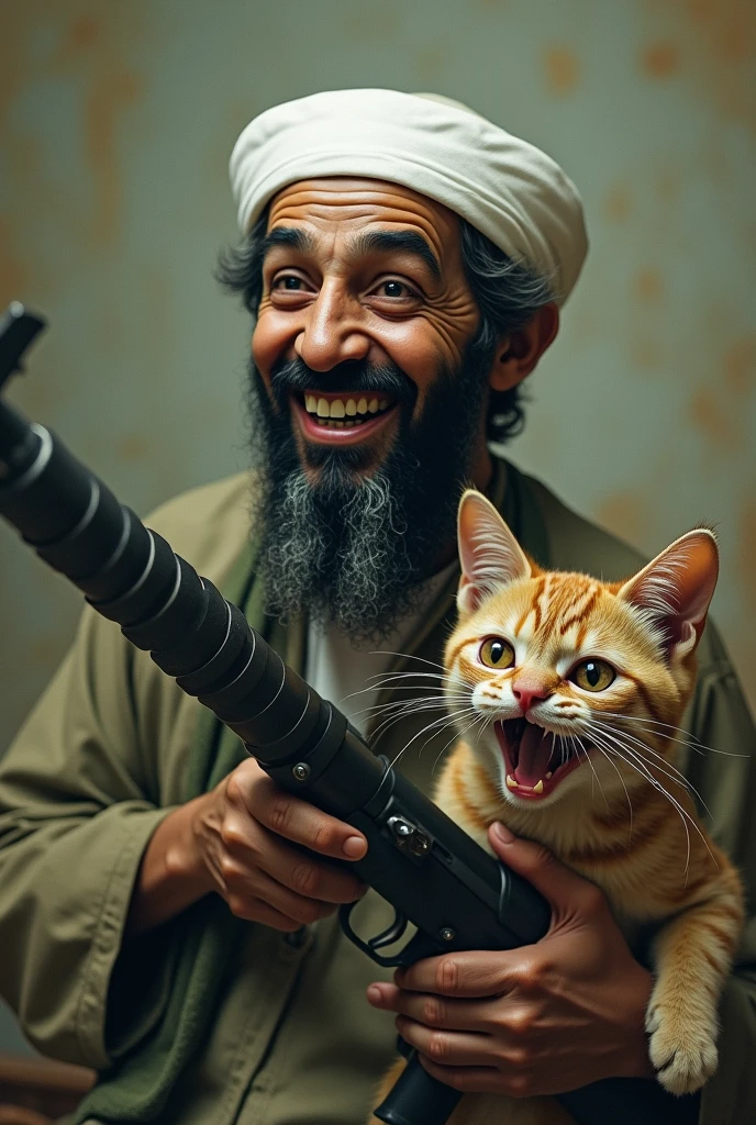 Osama Bin Ladin  Existential crisis cat  holding RPG and smiling.