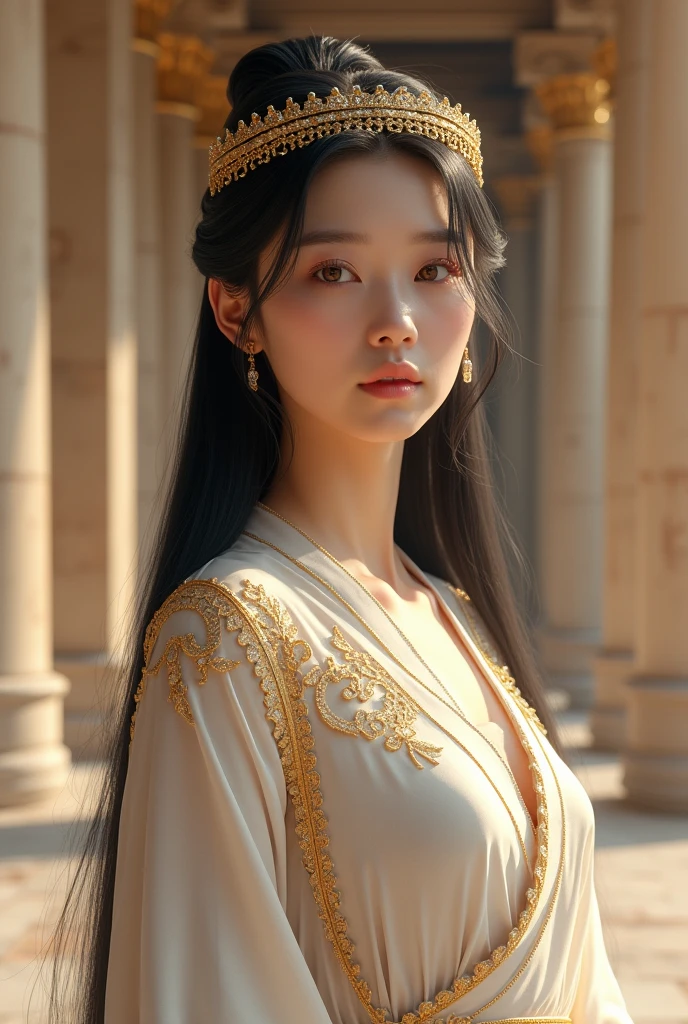 A Korean woman in a goddess greek inspired outfit. She has a neat, straight black long hairstyle, brown eyes, and her overall look goddess fashion, behind her is a Greek palace, on her head she wears a golden greek crown