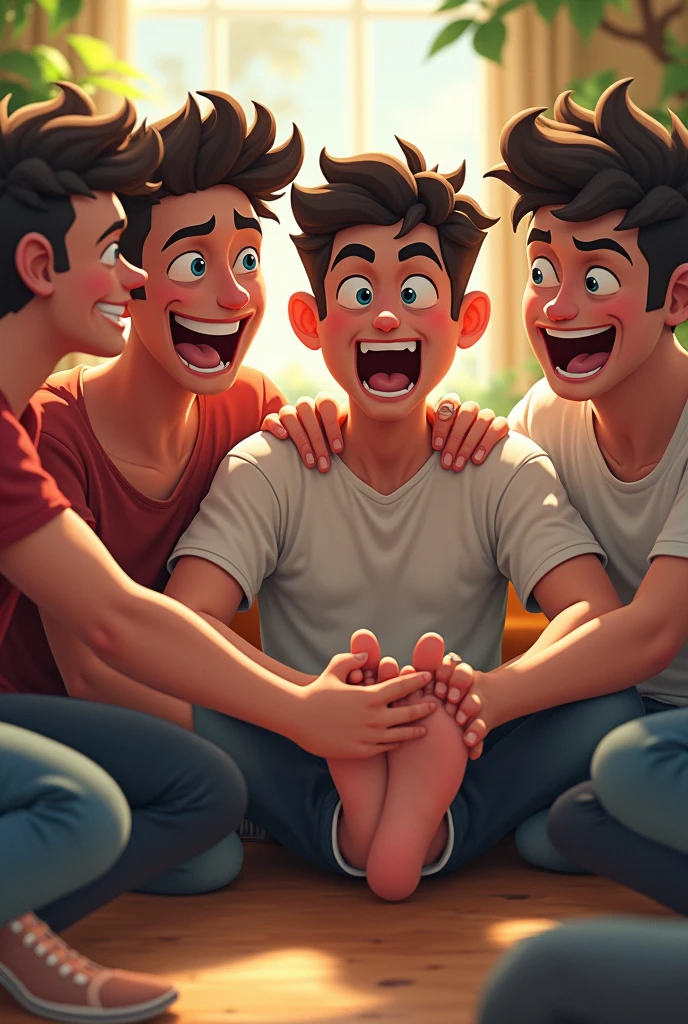 Group of male friends tickling their friend's feet