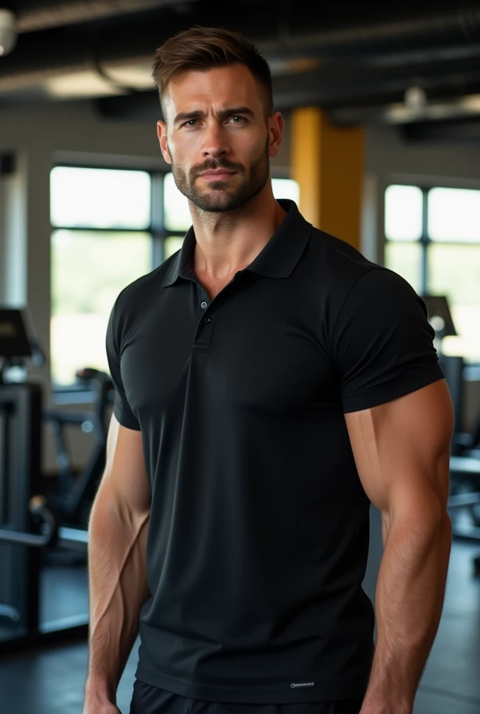 Semi-muscle man at the gym wearing a black round neck polo shirt, Please, the polo shirt should not have a shirt collar.