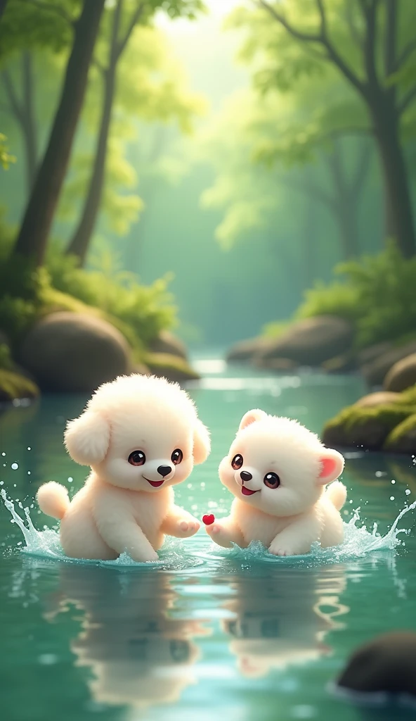 A baby white toy poodle with a round face and round ears,White baby pomeranian,Chibi,Back view,Playing in the water together,high resolution,in the forest,Playing in the river