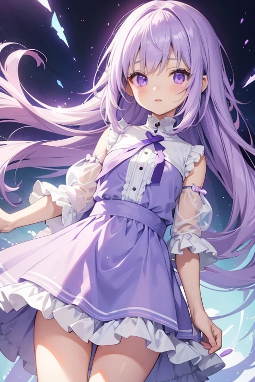 Little anime girl, white and light skin, with lilac and purple eyes, long light purple hair, very short light blue dress, very flushed and with watery eyes