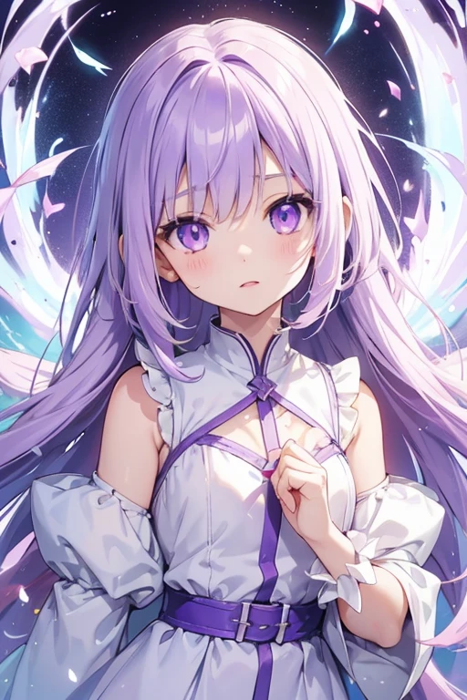 Little anime girl, white and light skin, with lilac and purple eyes, long light purple hair, very short light blue dress, very flushed and with watery eyes