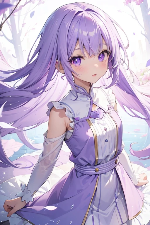 Little anime girl, white and light skin, with lilac and purple eyes, long light purple hair, very short light blue dress, very flushed and with watery eyes