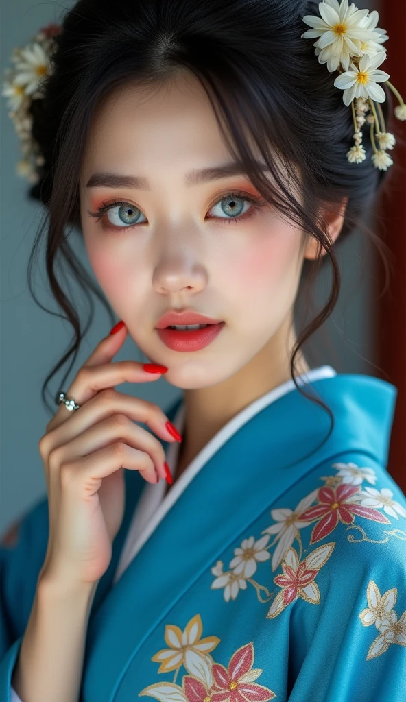 1girl, Solo, High Resolution, Blue eyes, Open Mouth, Beautiful Japanese kimono, very beautiful Japanese female, very detailed fingers, beauty red nails, HDR