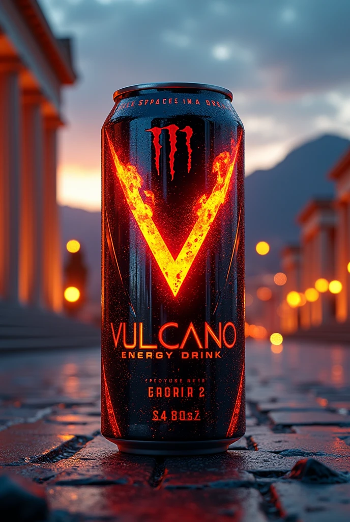Vulcano brand energy drink in black can,red,yellow,corinth with slogan energy drink Holographic