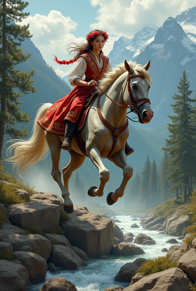 ultra detail, wallpaper, super high resolution, top view, both rocks are visible, sits on a horse holding the reins beautiful
Slavic woman 20 years old, Slavic bright multi-colored clothing embroidered shirt 1880, the horse carried her and jumps on its hind legs from the highest rock to another rock on the other bank,
a wreath of flowers in her hair, earrings and a chain, boots in the stirrup, the horse's coat is dapple, the background is a pine forest, a river, mountains in the snow